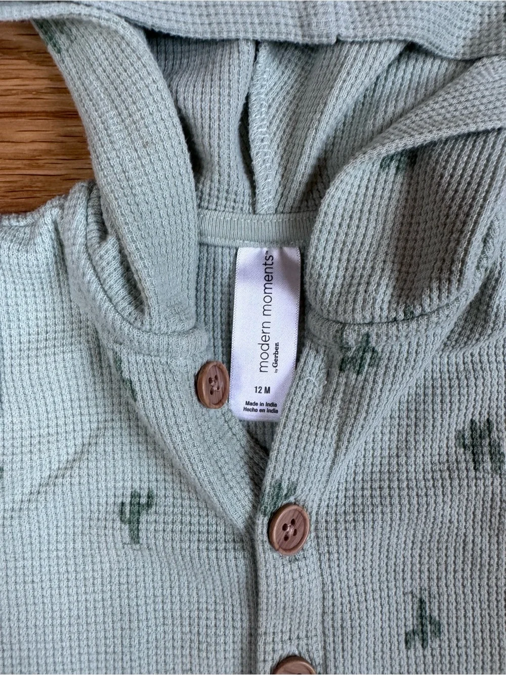 Sleeveless Hooded Waffle Knit Romper in Sage with Cactus Print